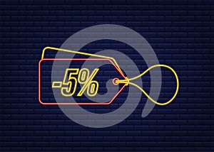 5 percent OFF Sale Discount neon tag. Discount offer price tag. 10 percent discount promotion flat icon with long shadow