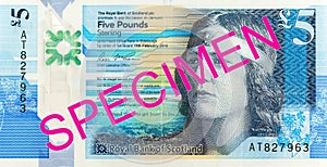 5 Pounds Sterling note issued by Royal Bank of Scotland specimen reverse
