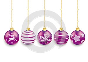 5 Purple Christmas Baubles White Background