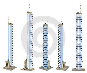 5 renders of fictional design skyscrapers with parking at the bottom with cloudy sky reflection - isolated, various sides view 3d