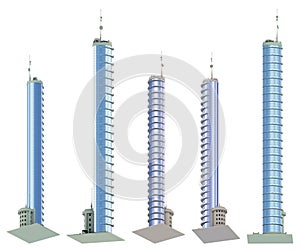 5 renders of fictional design tall buildings with parking at the bottom with blue cloudy sky reflection - isolated, view from