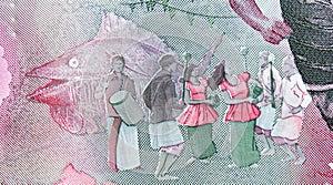 5 Rufiyaa banknote, Bank of Maldives, closeup bill fragment shows people drumming with Boduberu drum and dancing Boduberu dance