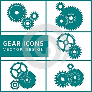 5 sets of green mechanical gear icons on white background. Vector illustration.