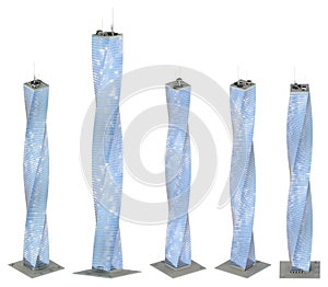 5 side view renders of fictional design tall buildings with helix construction with cloudy sky reflections - isolated, 3d