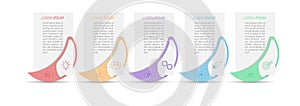5 stages of development, improvement or training. Infographics with visual action icons for business, finance, project, plan or