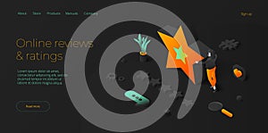 5 star positive feedback in social media. Customer survey as marketing service. Modern isometric vector illustration design. Web
