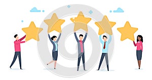 5 star rating. Flat people holding five golden stars. Social media product review, men and women vote online, customer