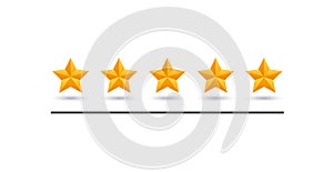 5 star review. Five gold stars icon - service rate or quality feedback sign. Flat style vector illustration.