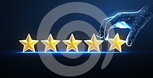 5 stars with digital hand. Star rating, review feedback, five stars servise