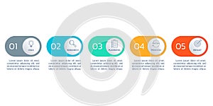 5 step or option infographic elements with business icons and text. Timeline info graphic, flow chart, layout, finance workflow