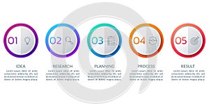 5 step or option infographic elements with business icons and text. Timeline info graphic, flow chart, layout, finance workflow