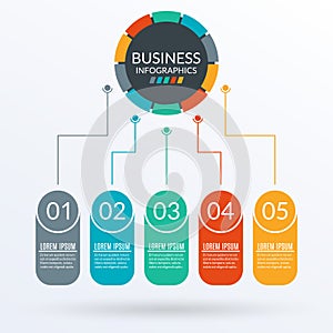 5 steps business process with circle diagram. Graphic chart with 5 elements, options or levels for flowchart, presentation