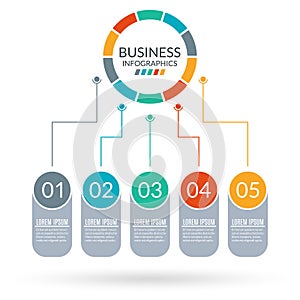 5 steps business process with circle diagram. Graphic chart with 5 elements, options or levels for flowchart, presentation, layout
