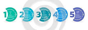 5 steps info graphic with arrow and outline icons. Business process design. Modern timeline infographic, diagram, flow chart.