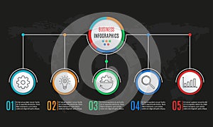 5 steps infographics for business presentation. Circle infographic template with 5 options, levels, parts, or processes. Diagram,