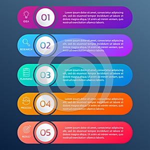 5 steps, option or levels infographic design with business icons. Vertical timeline info graphic template for presentation.