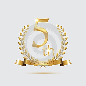 5-th anniversary golden symbol. Golden laurel wreaths with ribbons and fifth anniversary year symbol on light background