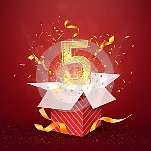 5 th year number anniversary and open gift box with explosions confetti isolated design element. Template five fifth birthday