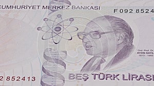 5 Turkish liras national currency money legal tender banknote bill 1