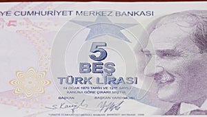 5 Turkish liras national currency money legal tender banknote bill 2