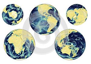 5 views of Earth's relief precisely represented by using ETOPO1 model