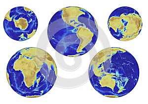 5 views of Earth\'s topography represented with high quality topographic data.