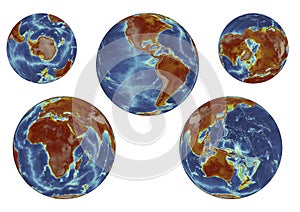 5 views of Earth's topography using ETOPO1 data with earth palette color