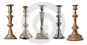 5 vintage different candelabrum, candle stand, candlestick isolated on white background