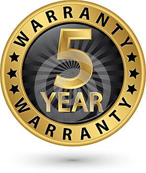 5 year warranty golden label, vector illustration