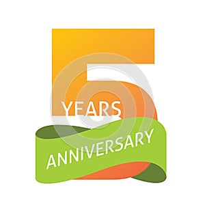 5 years anniversary celebrating vector logo icon in yellow orange green color, number 5th year birthday label tag sign