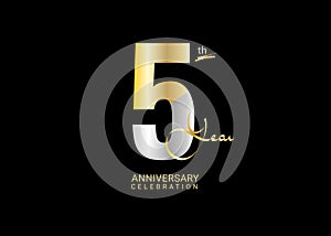 5 Years Anniversary Celebration gold and silver Vector Template, 5 number logo design, 5th Birthday Logo, logotype Anniversary,