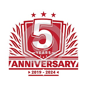 5 years anniversary celebration shield design template. 5th anniversary logo. Vector and illustration.