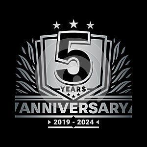 5 years anniversary celebration shield design template. 5th anniversary logo. Vector and illustration.