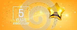 5 years anniversary vector logo, icon. Graphic symbol with golden air balloon