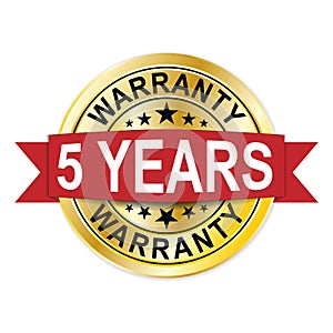 5 years warranty 3d gold badge with red ribbon