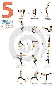 5 Yoga poses or asana posture for workout in morning flow concept. Women exercising for body stretching. Fitness infographic.