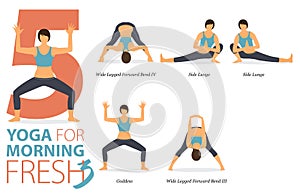 5 Yoga poses or asana posture for workout in morning fresh concept. Women exercising for body stretching. Fitness infographic.