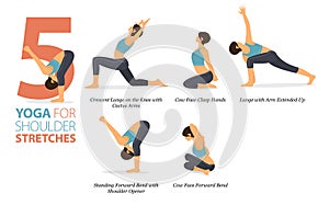 5 Yoga poses or asana posture for workout in shoulder stretches concept. Women exercising for body stretching.