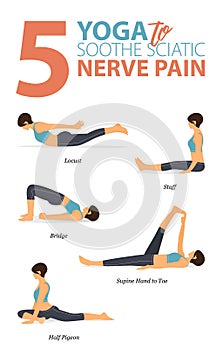 5 Yoga poses for workout in soothe sciatic pain concept. Woman exercising for body stretching. Yoga posture or asana for fitness.