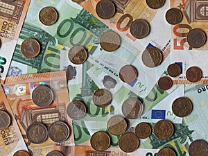 50 and 100 Euro notes and coins, European Union