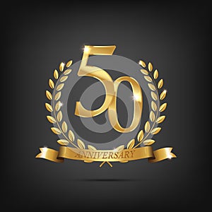 50 anniversary golden symbol. Golden laurel wreaths with ribbons and fifty anniversary year symbol on dark background