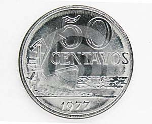 50 Centavos Magnetic coin, 1970~1986 - Second Cruzeiro serie, 1977. Bank of Brazil. Obverse, issued on 1975