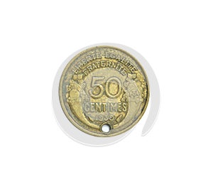 50 Centimes coin made by France in 1939