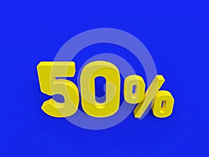 50% discount price sign, 3D numerals, yellow on blue