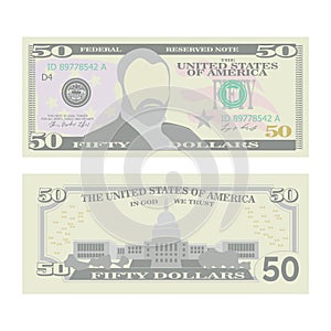 50 Dollars Banknote Vector. Cartoon US Currency. Two Sides Of Fifty American Money Bill Isolated Illustration. Cash