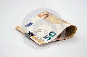 50 euro banknotes with a clip on a white background