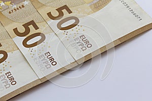 50 euro banknotes on white background. Money and financial concepts, copy space horizontal