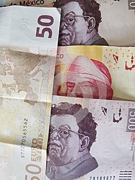 50 euro note and 1100 pesos of Mexico, background and texture