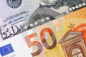 50 euros and 50 American dollars. international finance concept. financial markets. financial exchanges. currency exchange