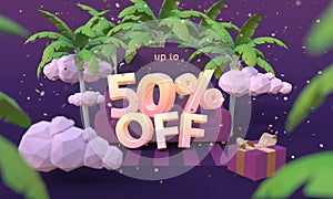 50 Fifty percent off 3D illustration in cartoon style. Summer clearance, sale, discount concept